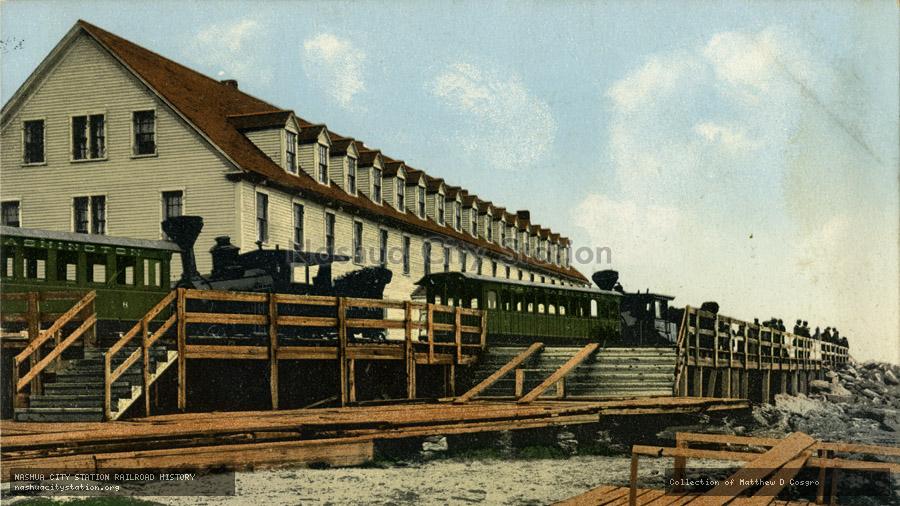 Postcard: The Summit House and trains, Mount Washington, White Mountains, New Hampshire